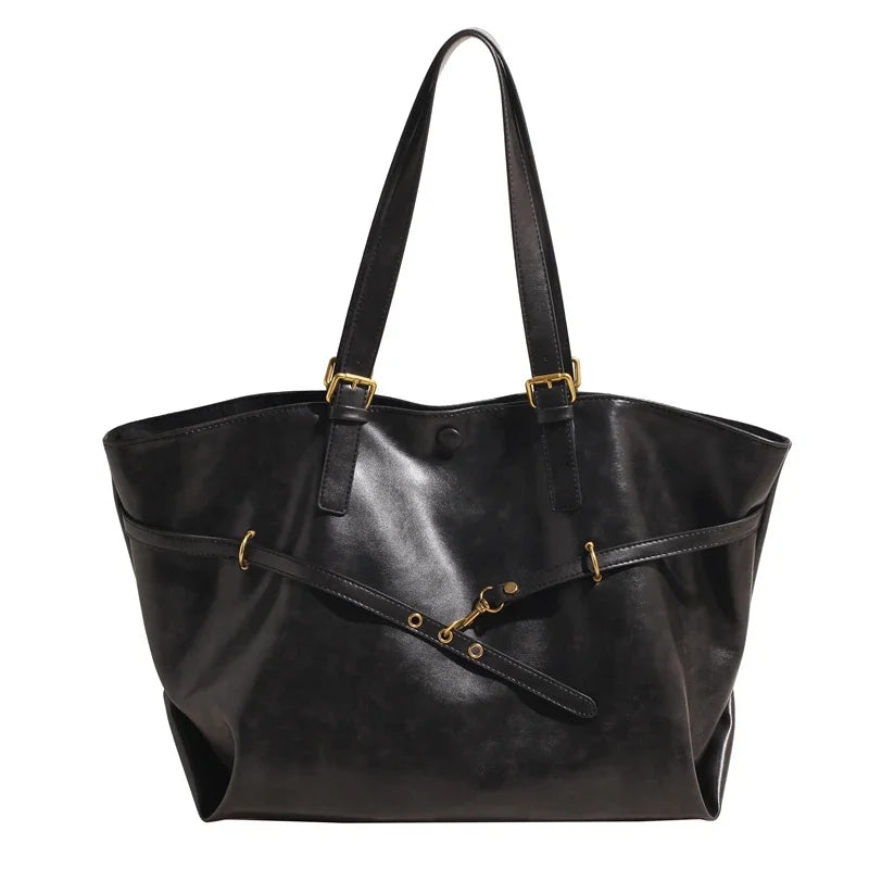 Vintage Large Capacity PU Leather Tote Bag - Black / 42x18x30cm
