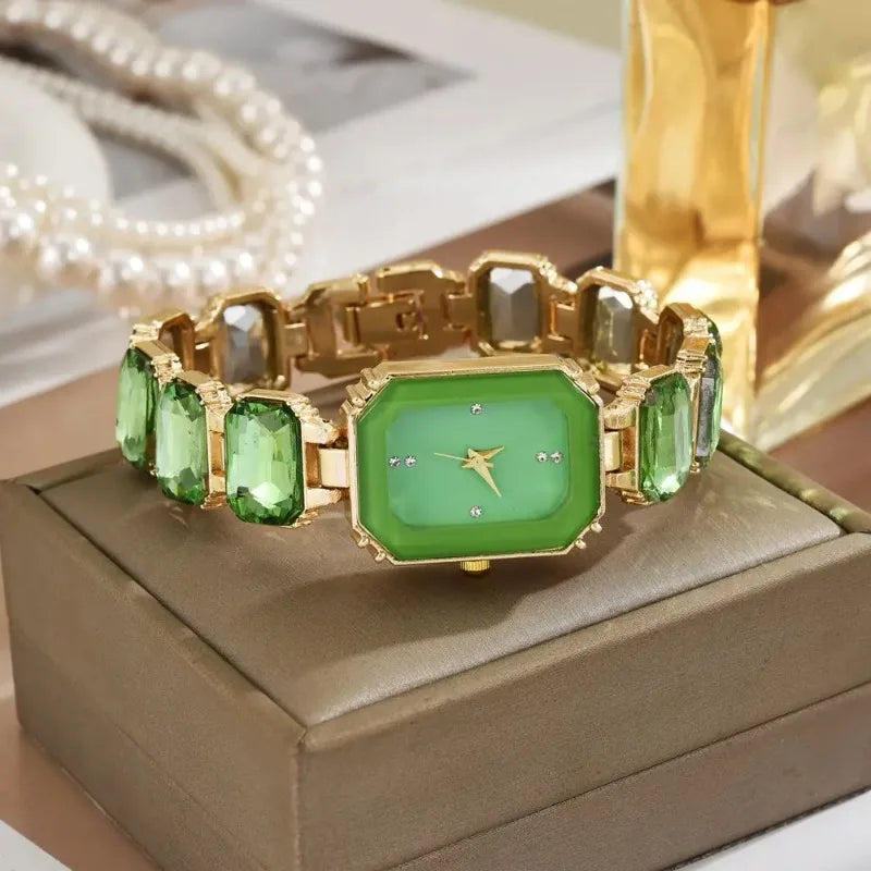 Vintage Rectangular Large Rhinestone Bracelet Watch for Women - Green