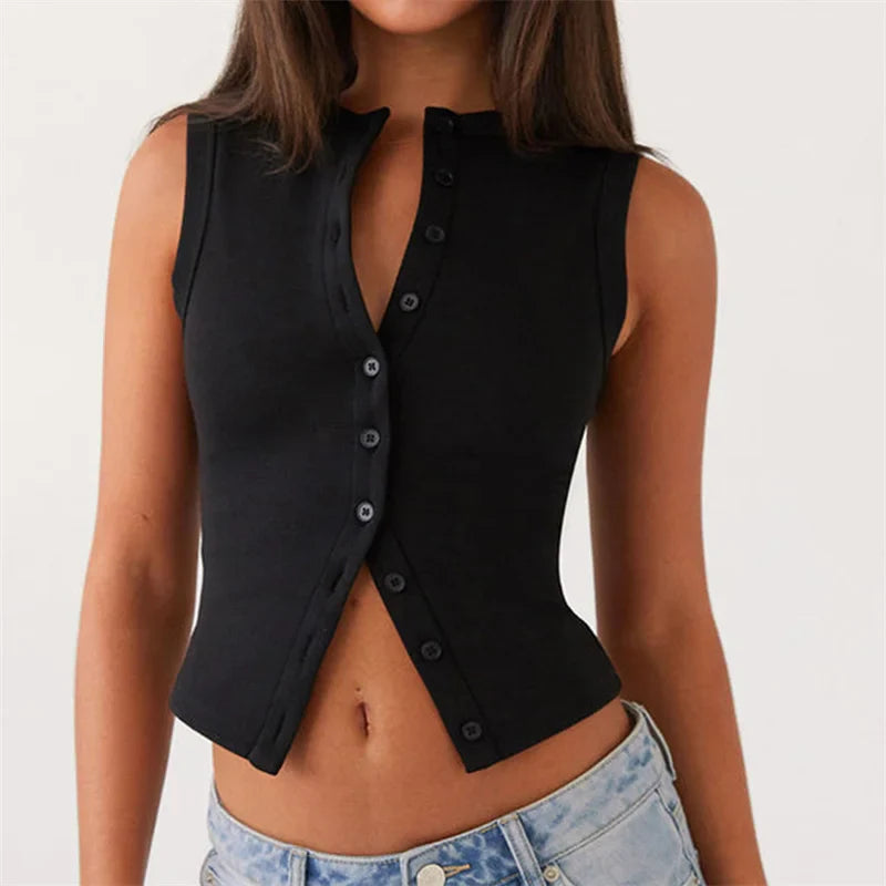 Vintage Ribbed Women Button Tank Top