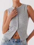 Vintage Ribbed Women Button Tank Top - GRAY / L