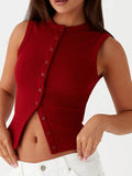Vintage Ribbed Women Button Tank Top - Red / L