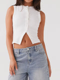 Vintage Ribbed Women Button Tank Top - WHITE / M