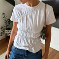 Vintage T-Shirt Women Ruched Round Neck Short Sleeve