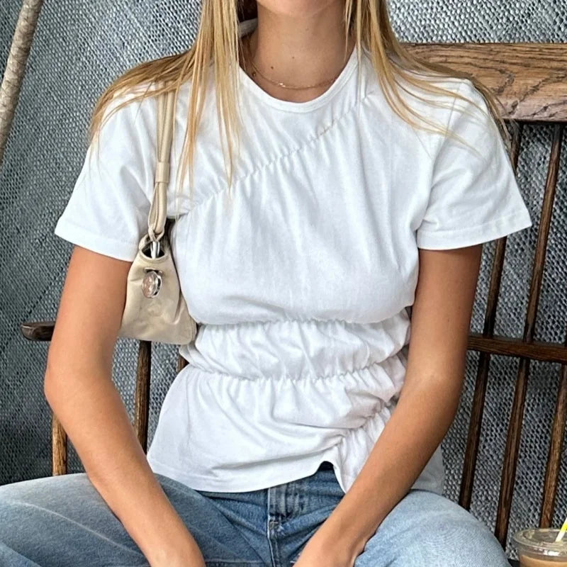 Vintage T-Shirt Women Ruched Round Neck Short Sleeve
