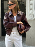Vintage Wine Red Loose Short Leather Jacket Women