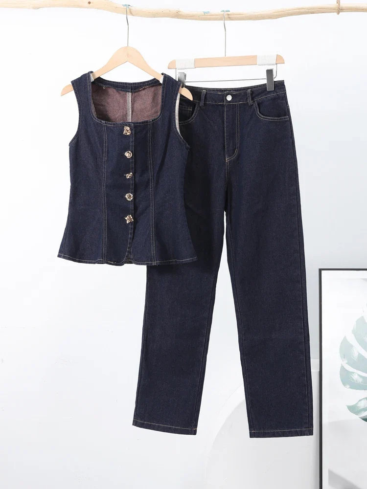 Vintage Women’s Denim Sleeveless Set Crop Top With Chic Buttons - Other