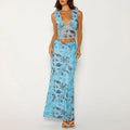 Vintage Women’s Floral Print V-Neck Slim Tank Tops + High Waist Long Skirt Set