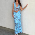 Vintage Women’s Floral Print V-Neck Slim Tank Tops + High Waist Long Skirt Set - L