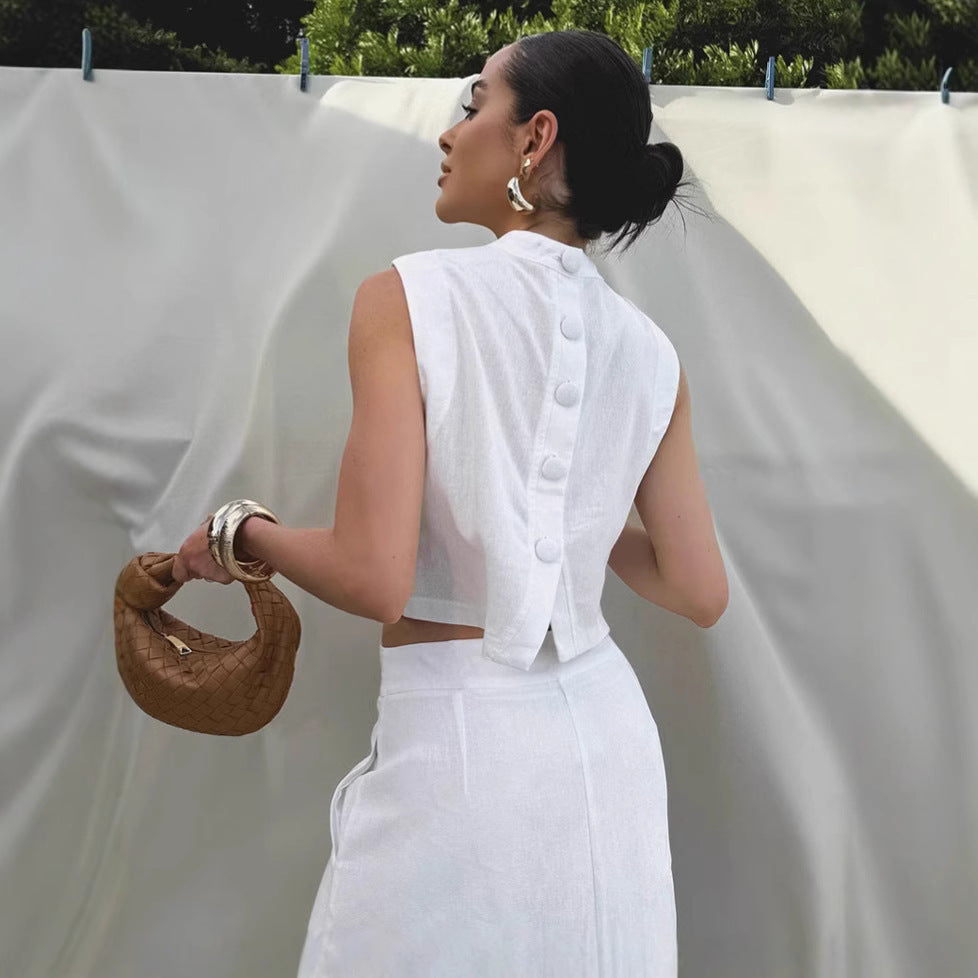 White Cotton Linen Sleeveless Stand Collar Top Slit Loose Long Skirt Two-piece Set - Other