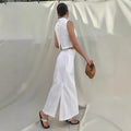 White Cotton Linen Sleeveless Stand Collar Top Slit Loose Long Skirt Two-piece Set - Other
