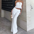 White Cotton Linen Tube Top Wide Leg Casual Pants Lace-up Suit - Other