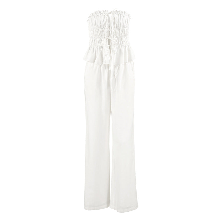 White Cotton Linen Tube Top Wide Leg Casual Pants Lace-up Suit - Other