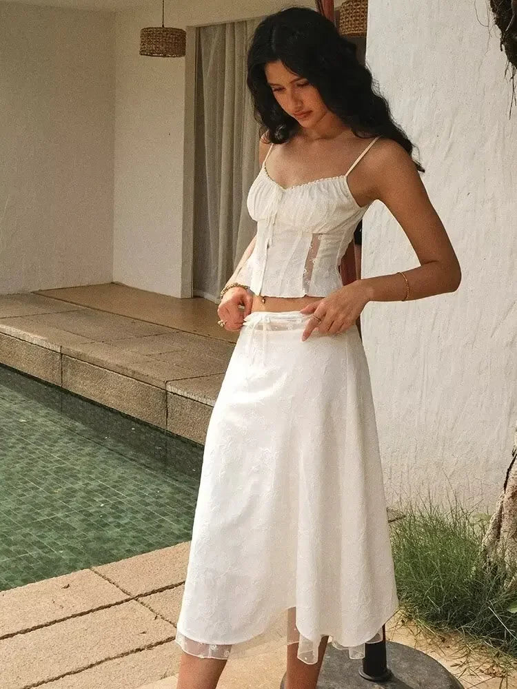 White Dress Set Women 2pcs Matching Skirt Spaghetti Strap Top