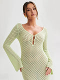 White Knit Fashion Cover up Maxi Dress Female See-Through V-Neck - M / Green - Other