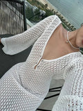 White Knit Fashion Cover up Maxi Dress Female See-Through V-Neck - Other