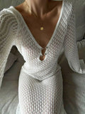 White Knit Fashion Cover up Maxi Dress Female See-Through V-Neck - Other