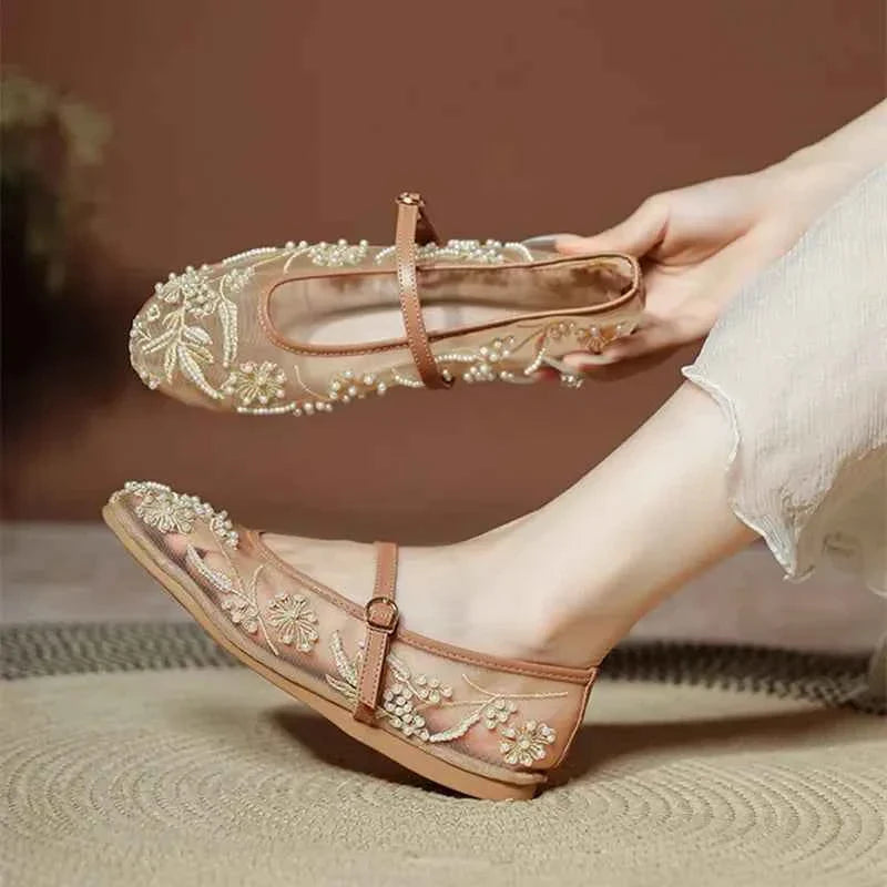 White Pearl Decoration Mesh Embroidery Ballet Flats