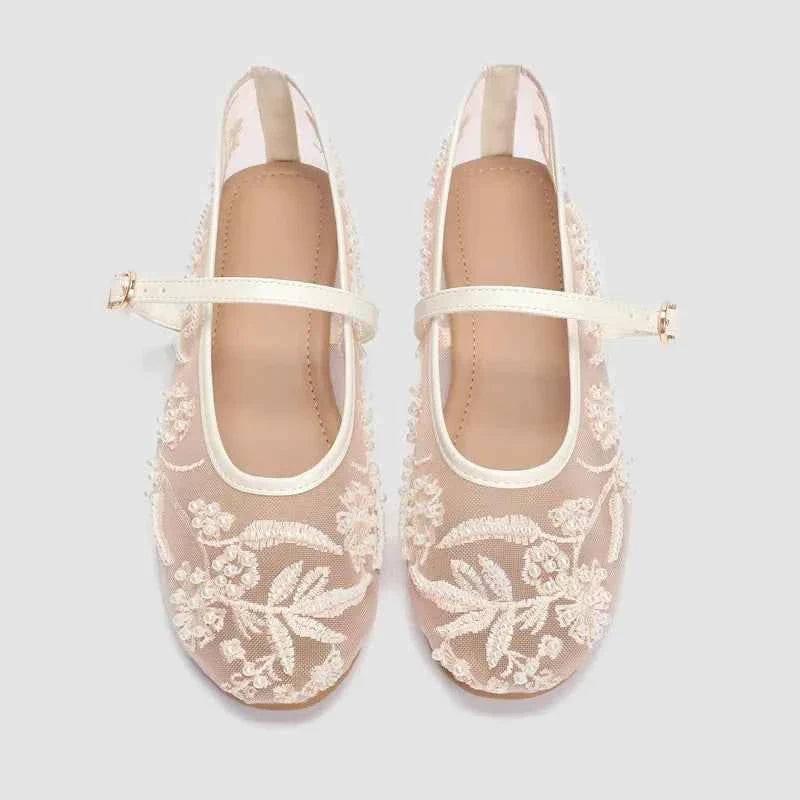 White Pearl Decoration Mesh Embroidery Ballet Flats