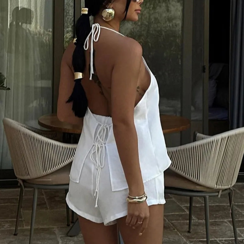 White Shorts Two Piece Women Sleeveless Top Slim Set
