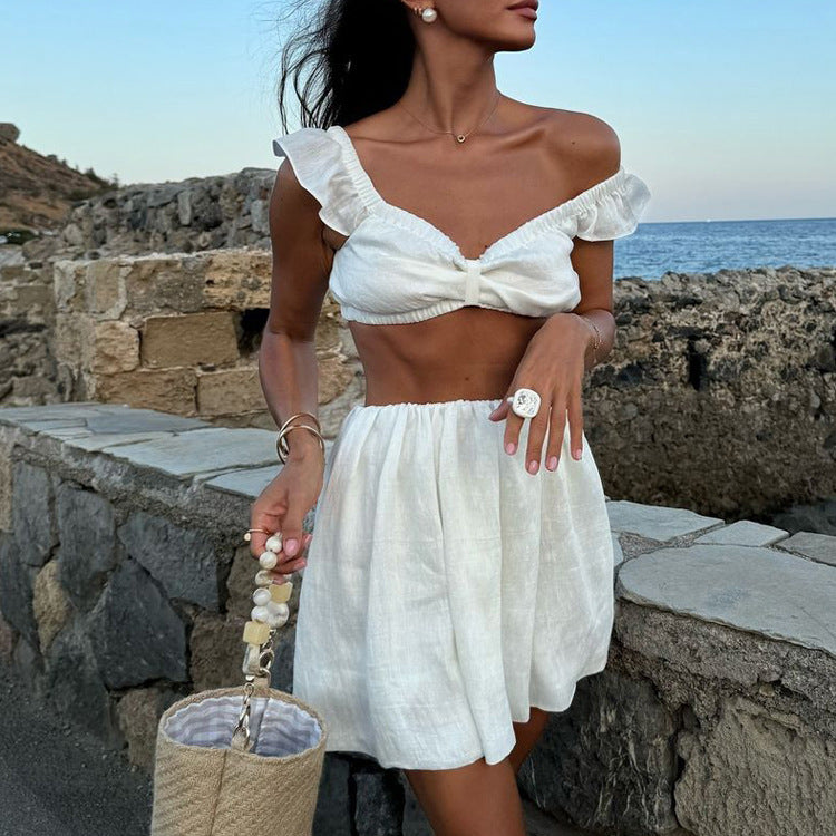 White Sleeveless Camisole High Waist Short Skirt Two-piece Set - electronic accessories