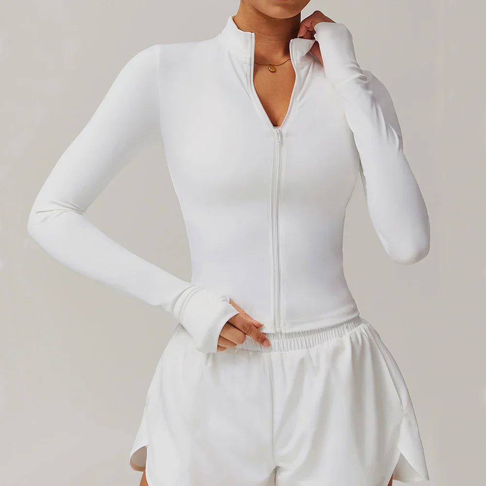 White yoga long sleeve sports jacket with mock neck and thumbholes