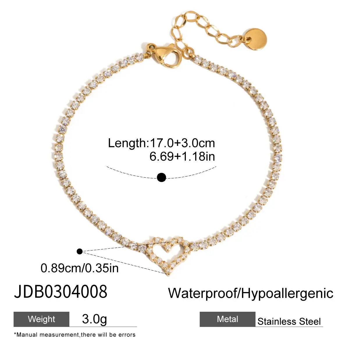 White Zircon Heart Hollow Bracelet Stainless Steel Waterproof - JDB0304008