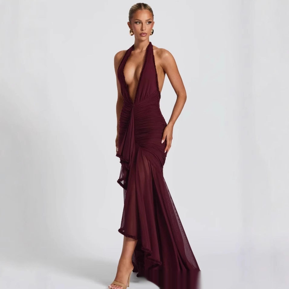 Wine Red Lace Deep V Dress - Cherry / L - Other
