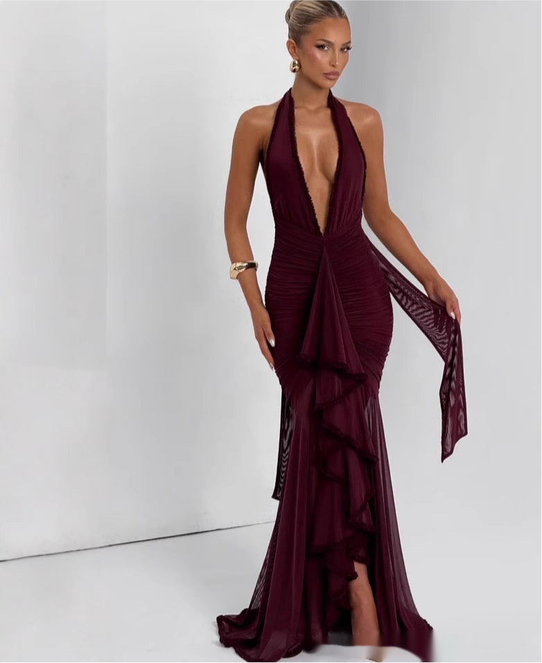 Wine Red Lace Deep V Dress - Other