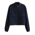 Woman Bomber Jacket Coat White Button Baseball - L / Navy Blue - Other