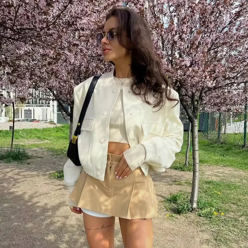 Woman Bomber Jacket Coat White Button Baseball - Other