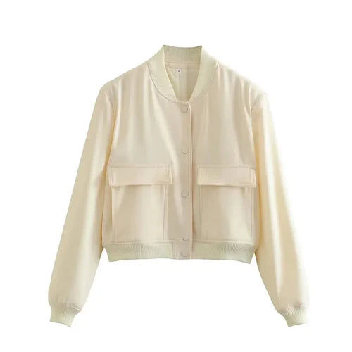Woman Bomber Jacket Coat White Button Baseball - S / Beige - Other