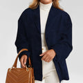Woman Casual Single Breasted Pocket Long Sleeve Short Coat - Navy / XXXL