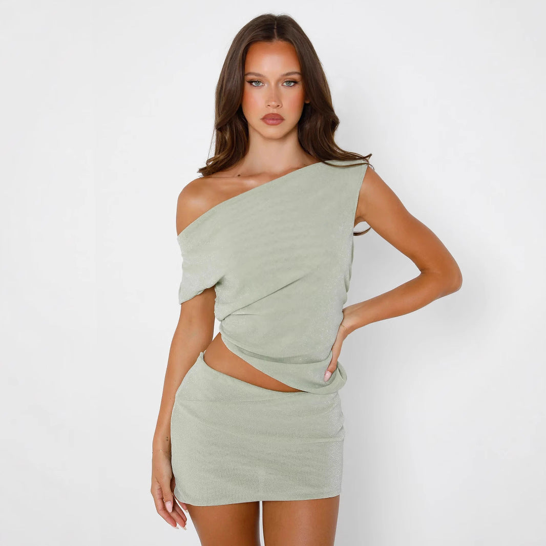 Woman Diagonal Collar T-shirt Skirt Suit - Other