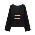 Woman Vintage White Leather Buckle Woolen Jacket Female - black / S - Other