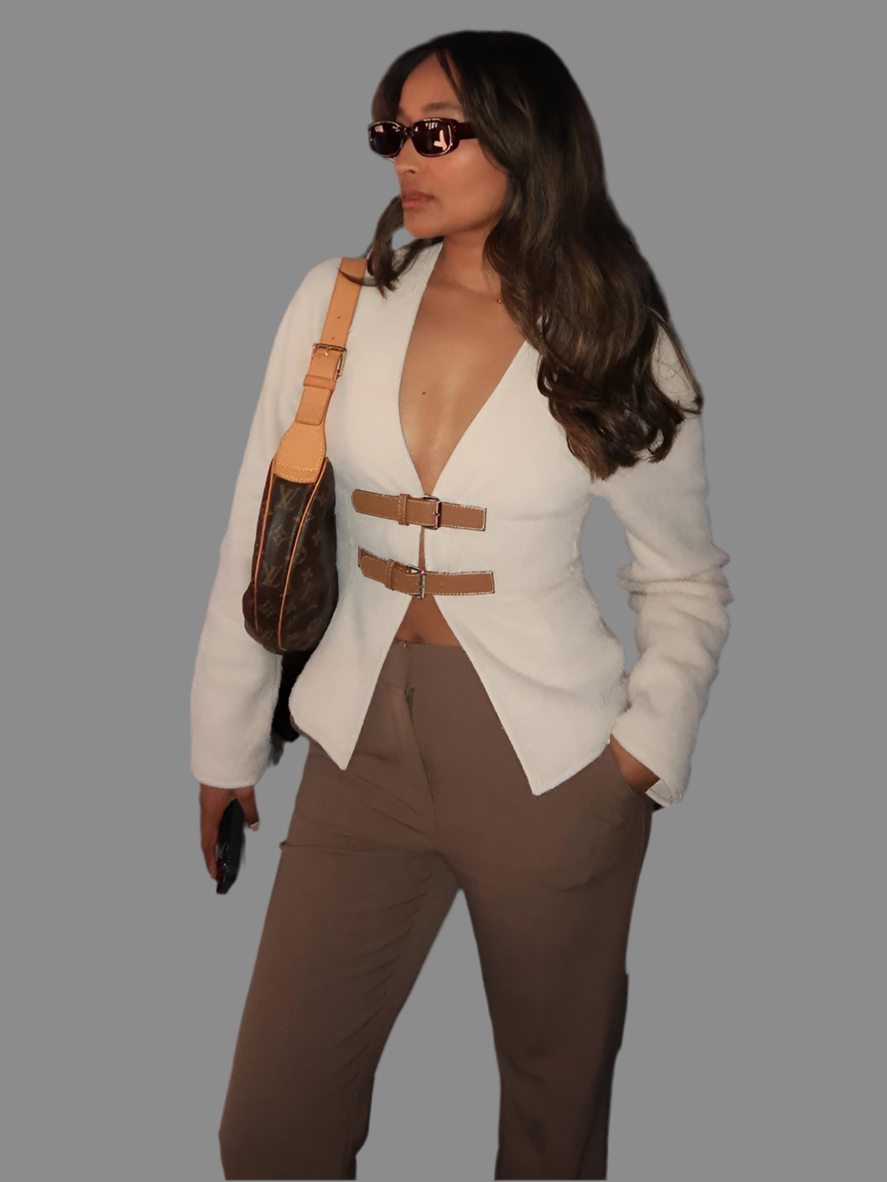 Woman Vintage White Leather Buckle Woolen Jacket Female - Other