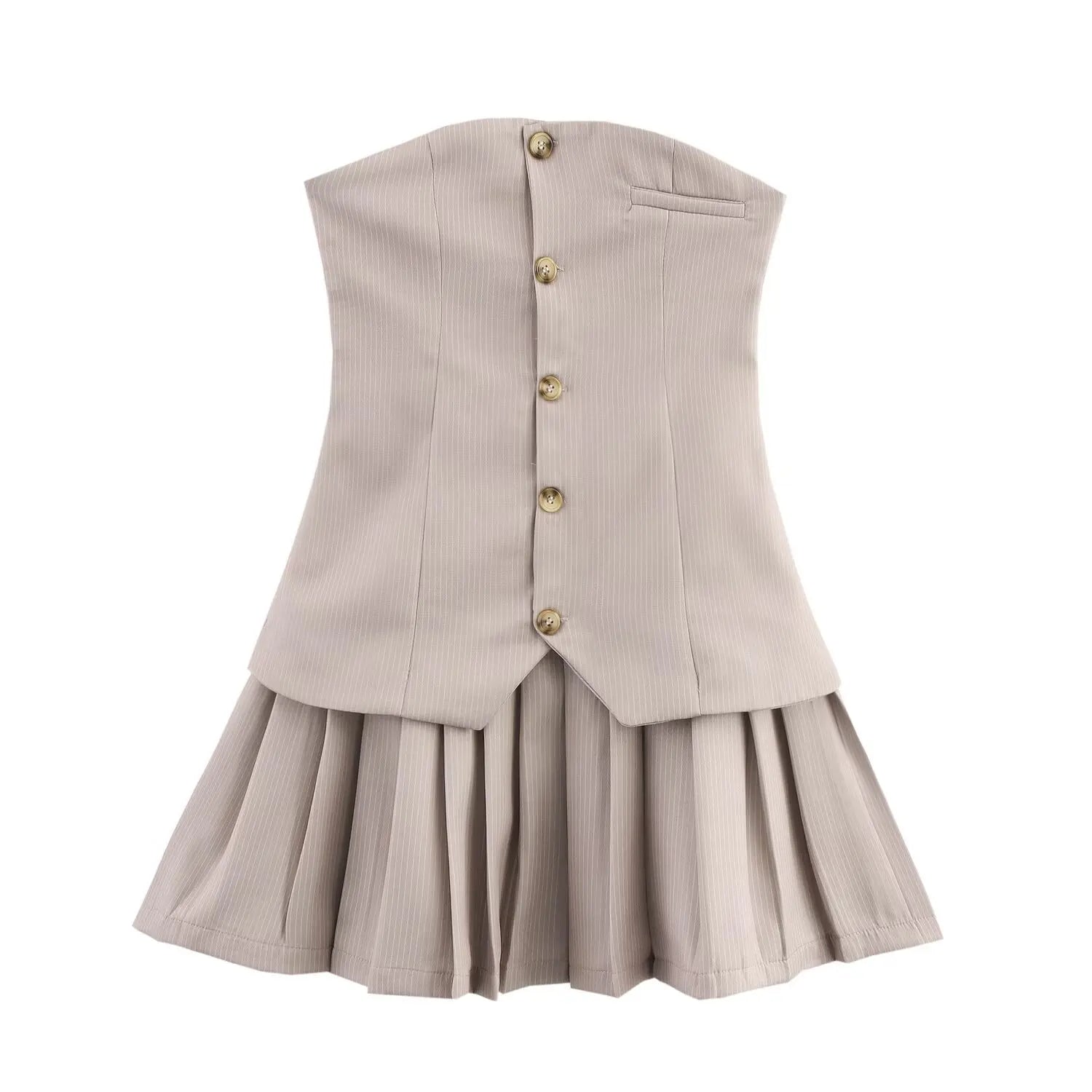 Women A-line Pleated Dress - Khaki dress / L