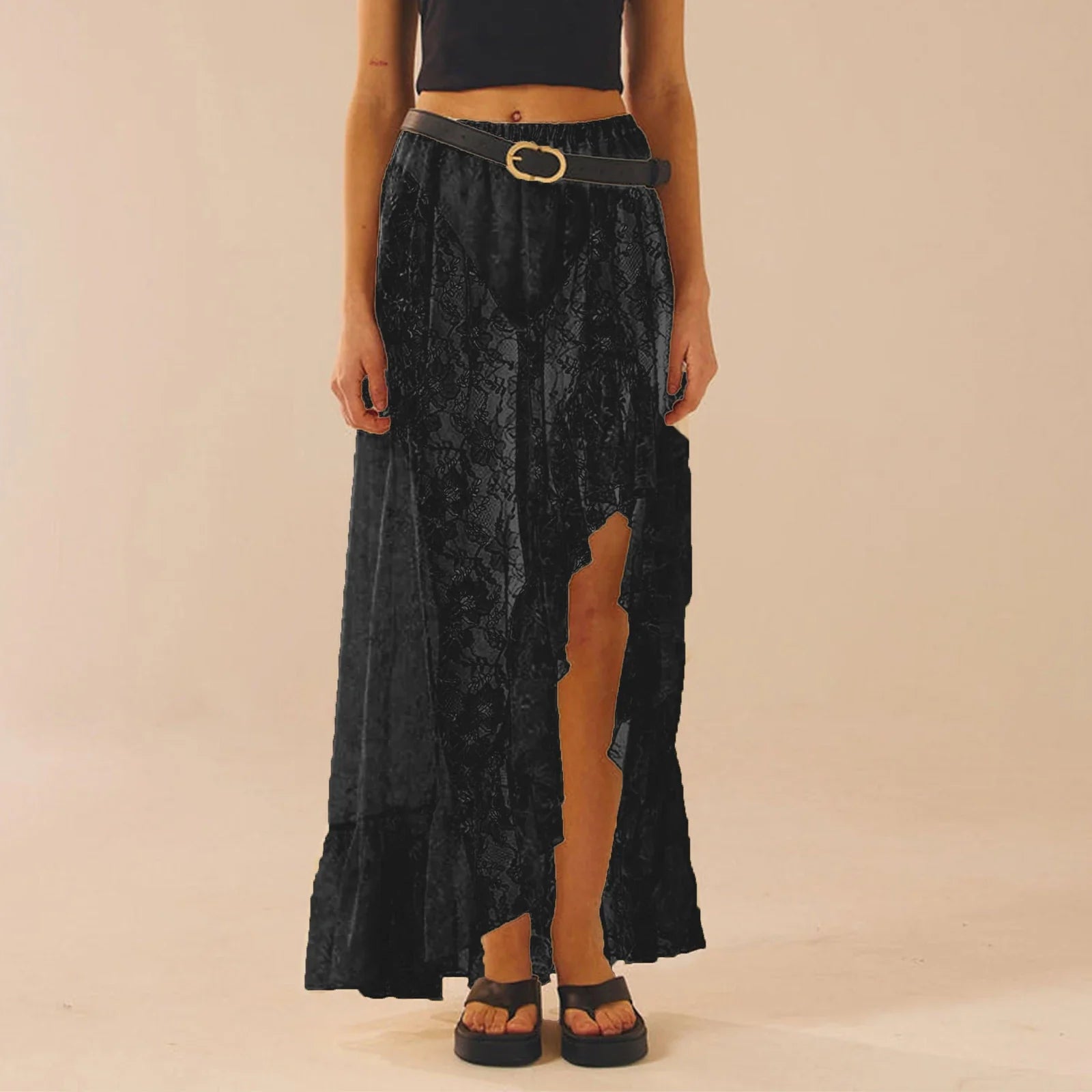 Women Asymmetrical Lace Flowy Skirts - black / S
