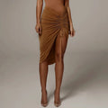 Women Asymmetrical Shirring Skirt High Waist - brown / L