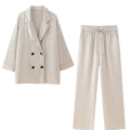 Women Autumn Wrinkle Double Breasted Blazer And Pants Suit - as picture 4 / XS / CHINA