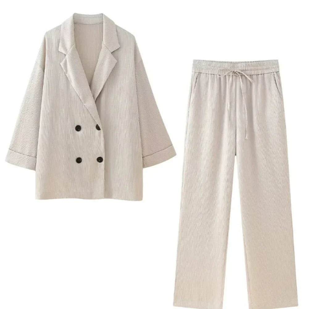 Women Autumn Wrinkle Double Breasted Blazer And Pants Suit - as picture 4 / XS / CHINA