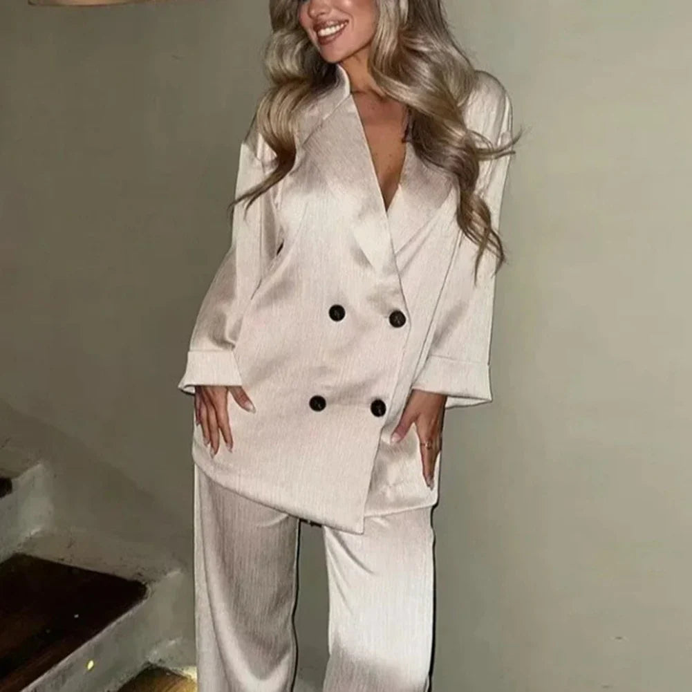 Women Autumn Wrinkle Double Breasted Blazer And Pants Suit