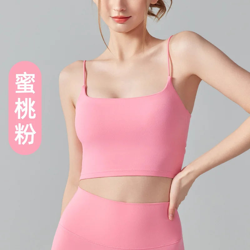 Women Back Circular Ring Fold Design Thin Shoulder Straps Tank Top - pink / M