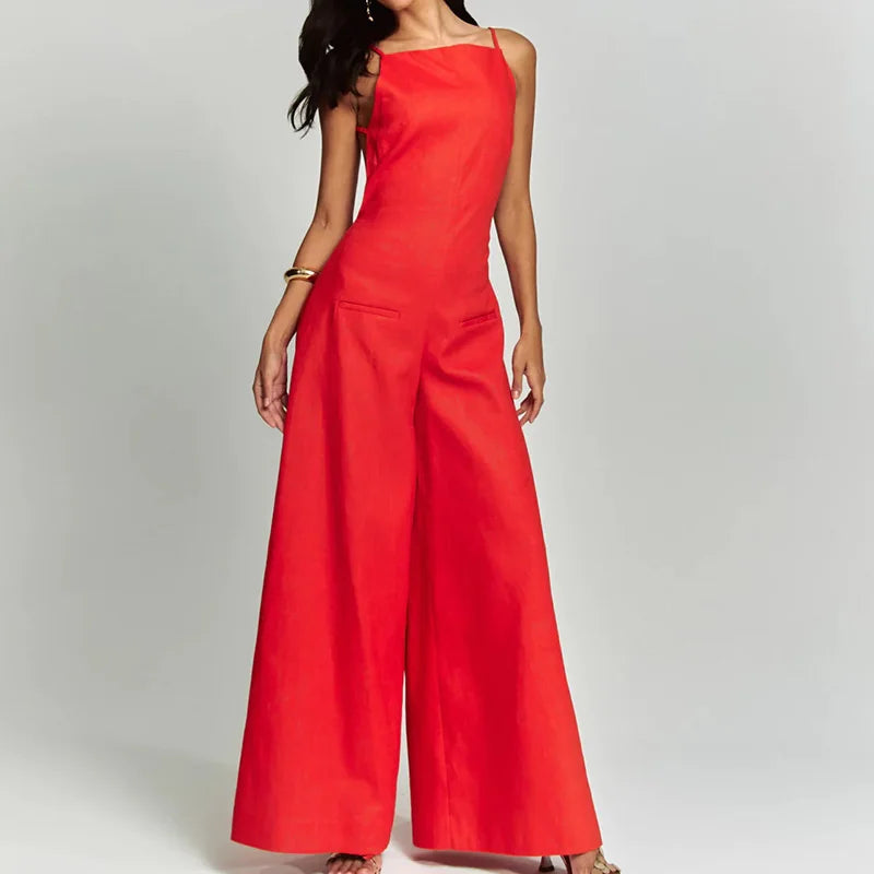 Women Backless Simple Solid Jumpsuits - 01 Red / XL