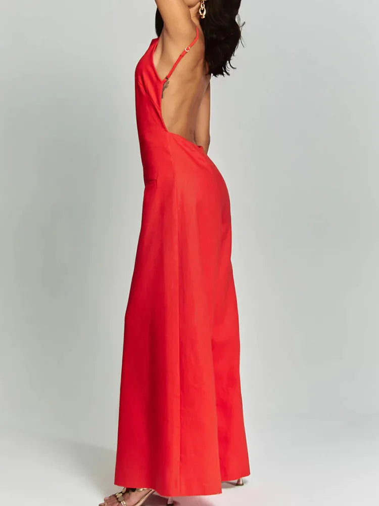 Women Backless Simple Solid Jumpsuits