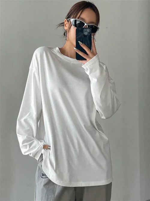Women Basic Long Sleeve Loose O-neck T-shirt - M / WHITE - Other