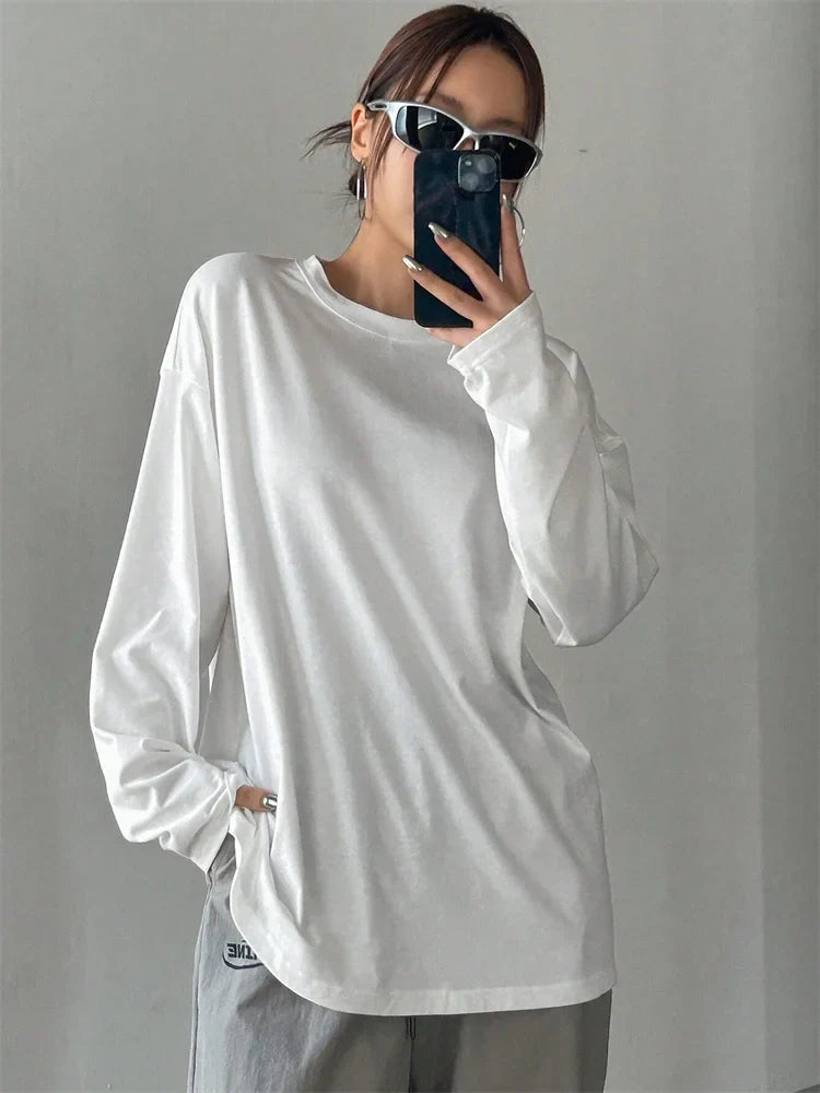 Women Basic Long Sleeve Loose O-neck T-shirt - Other