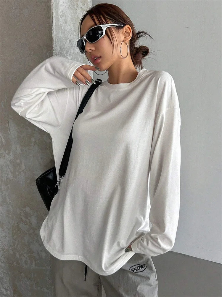 Women Basic Long Sleeve Loose O-neck T-shirt - Other