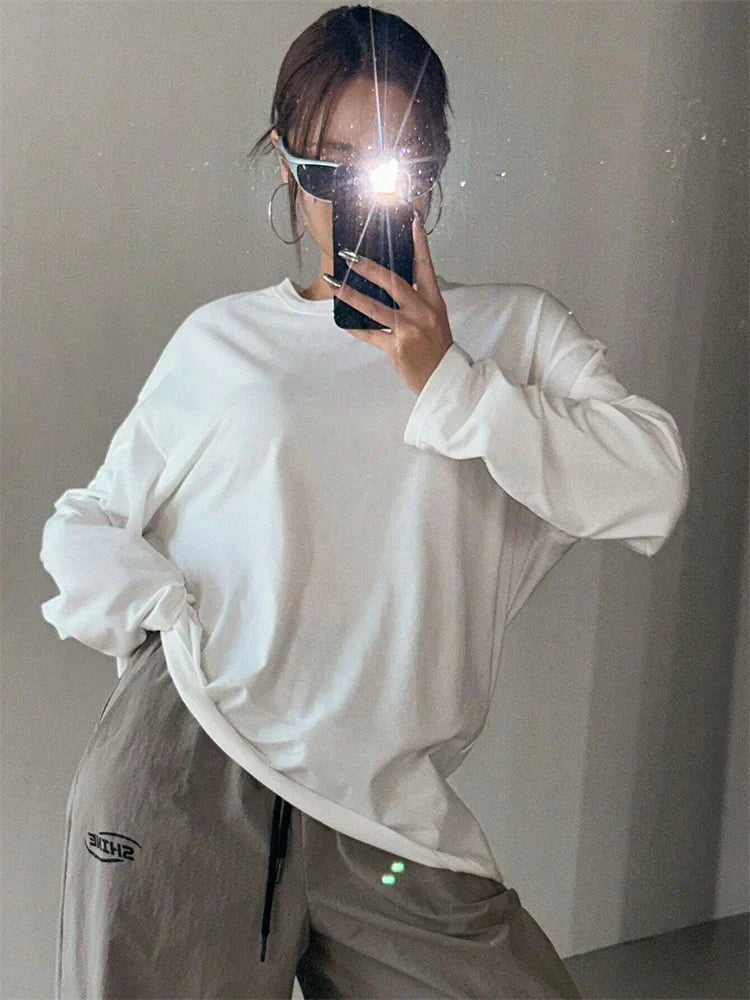 Women Basic Long Sleeve Loose O-neck T-shirt - Other