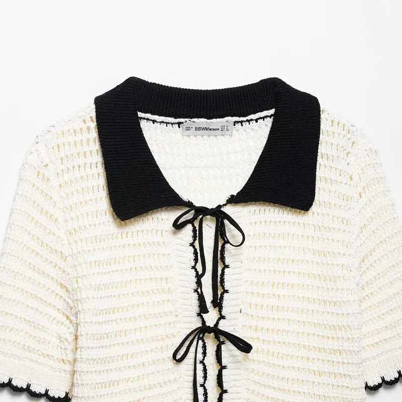 Women Beige Bow Lace Up Knitted Sweater