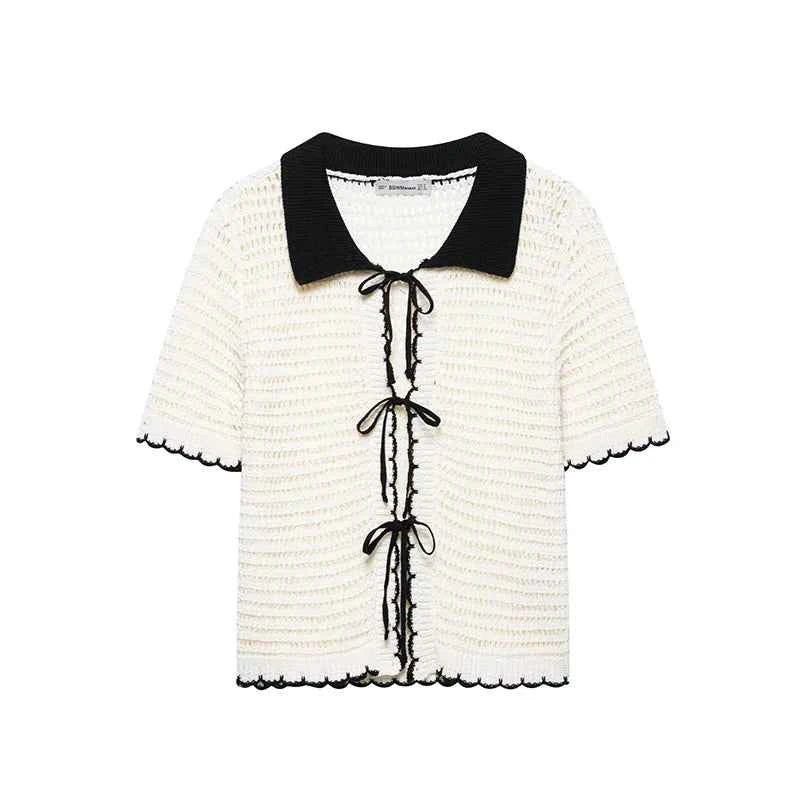 Women Beige Bow Lace Up Knitted Sweater